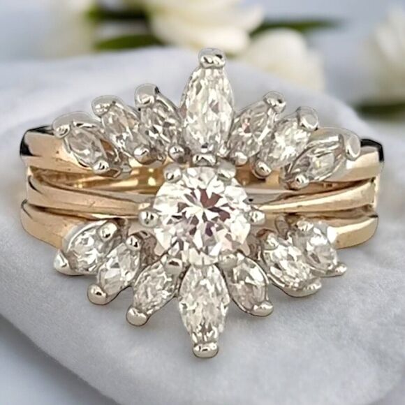 Vintage Jewelry - Vintage Wedding Ring Set  Size 9 Cubic Zirconia 14K Gold Plate Mid-Century 14F